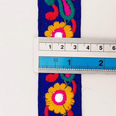 Royal Blue Floral Mirrored Trim With Yellow Flowers And Green Paisley Embroidery, Decorative Trimming, Trim By 3 Yards
